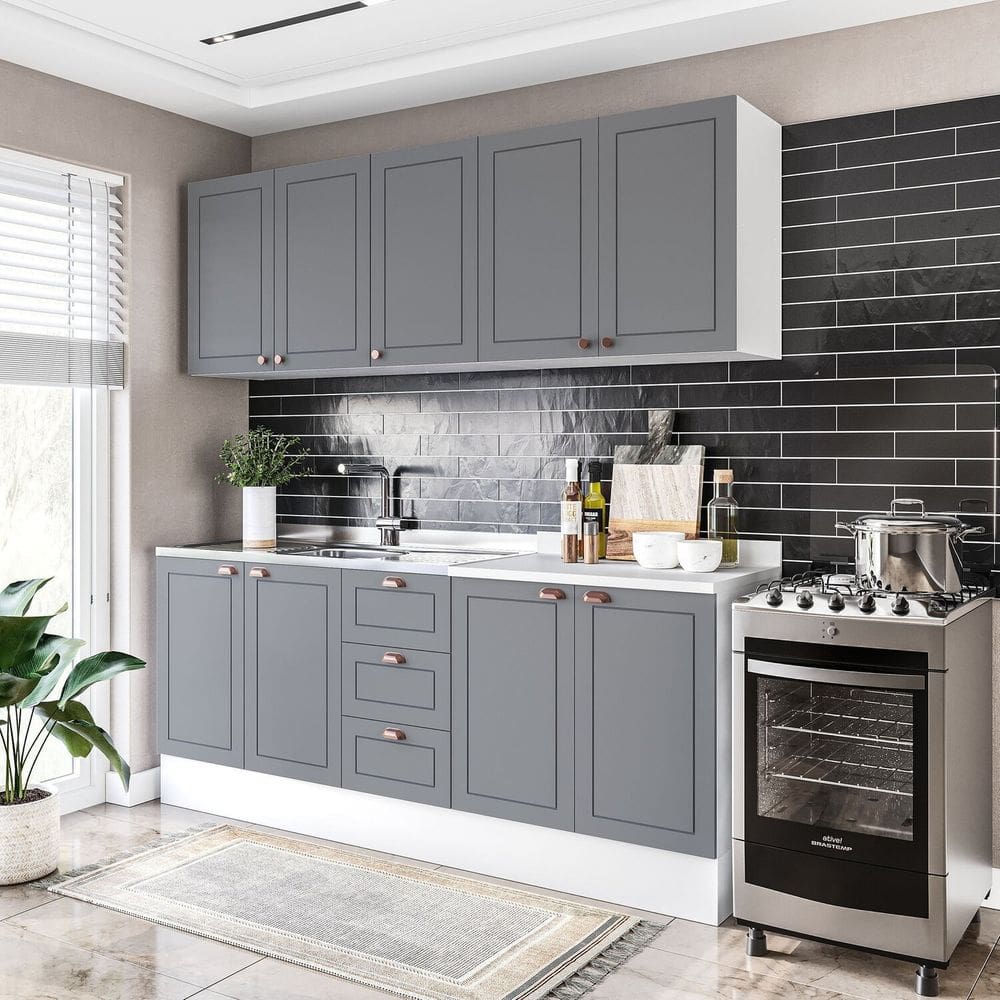 Cozinha Pérola com Rodapé 4 Peças Aéreos com 5 Portas, Balcão 2 Gavetas 3 Portas e Balcão 2 Portas Y Branco/Cinza