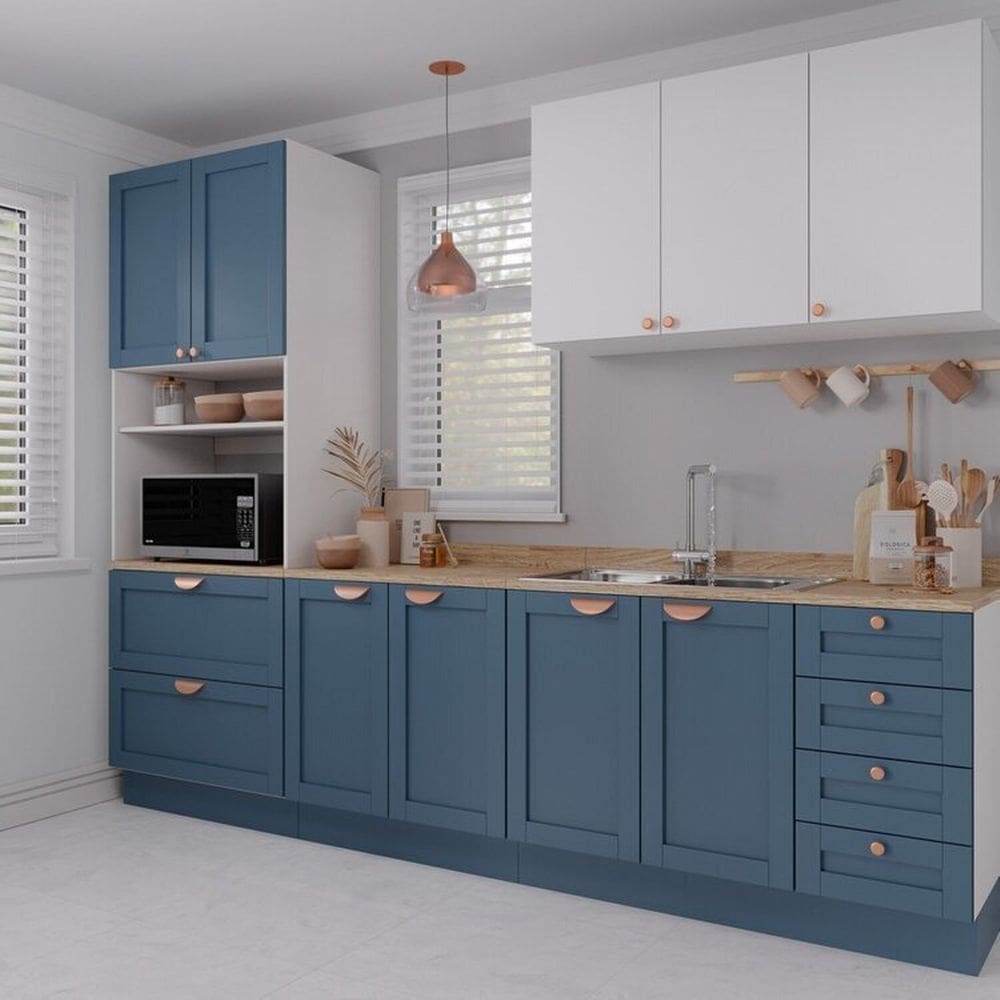 Cozinha Modulada 4 Peças 1 Torre Microondas 1 Aéreo 2 Balcões Arizona Cabecasa Madeiramadeira Branco/Azul