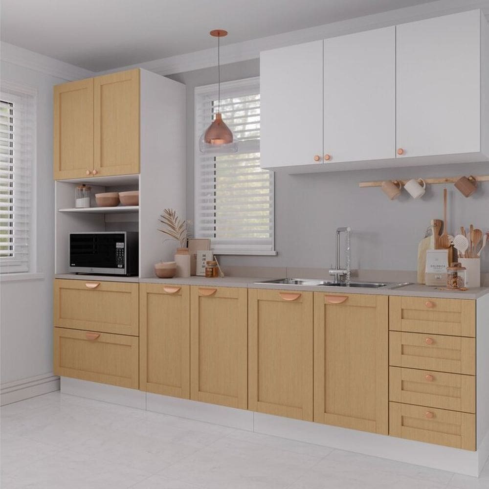Cozinha Modulada 4 Peças 1 Torre Microondas 1 Aéreo 2 Balcões Arizona Cabecasa Madeiramadeira Branco/Figueira