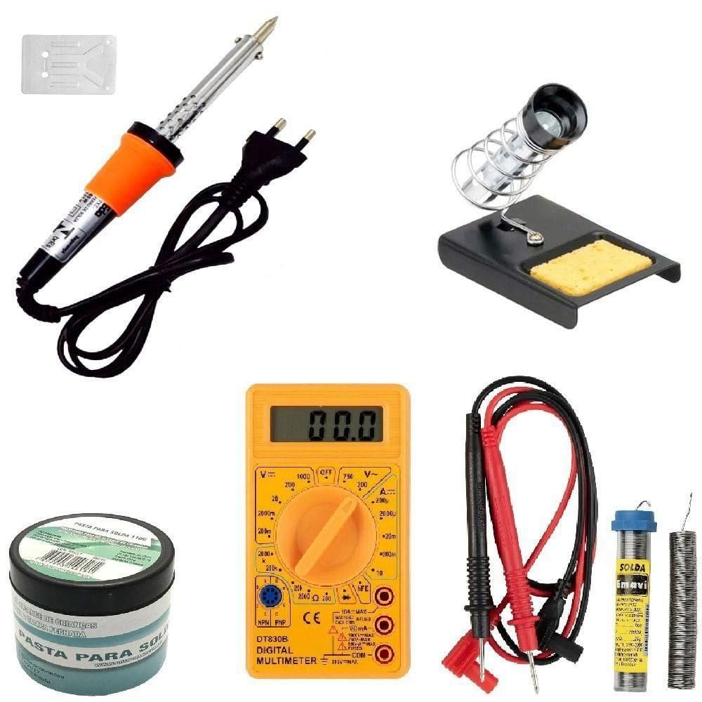 Kit Ferro De Solda Multímetro Suporte Pasta Tubete 55w 220v