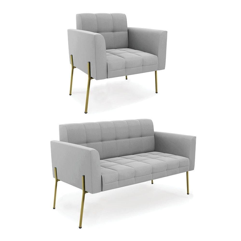 Sofá Namoradeira E Poltrona Pé De Ferro Dourado Elisa Suede D03 - D`rossi Cor Cinza