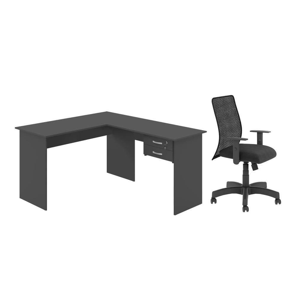Jogo Cadeira Inclinável E Mesa L Com Gaveteiro Preto Onix