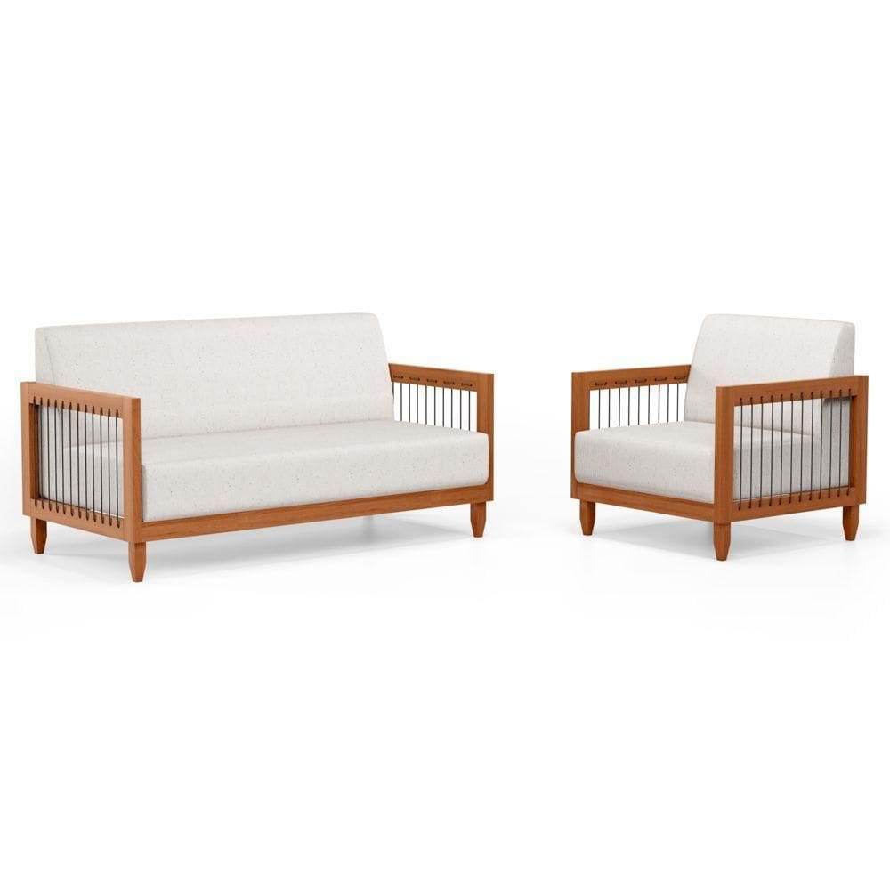 Kit Poltrona E Sofá Varanda Samoa Madeira Maciça Com Cordas Náutica Linho Natural - Desk Design