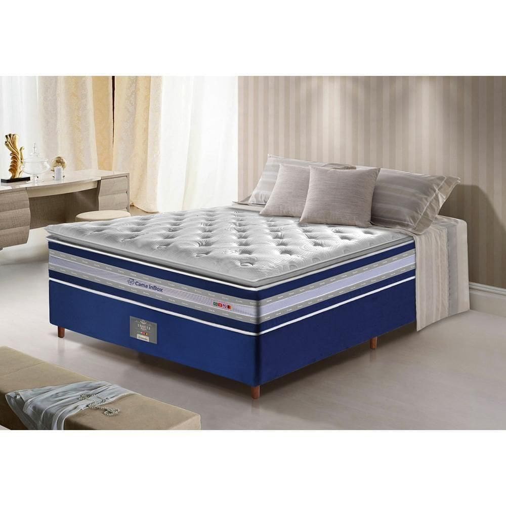 Conjunto Cama Box Casal De Molas Ensacadas D33 Com Pillow Top Cama Inbox Select 138x188x71 Azul