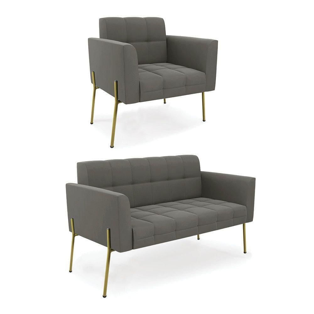 Sofá Namoradeira E Poltrona Pé De Ferro Dourado Elisa Suede D03 - D`rossi Cor Grafite