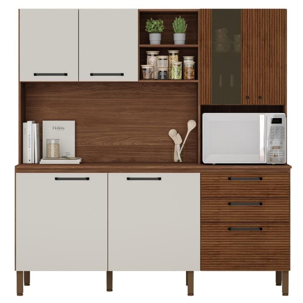 Kit De Cozinha Com Tampo Lyon Ripado Off White