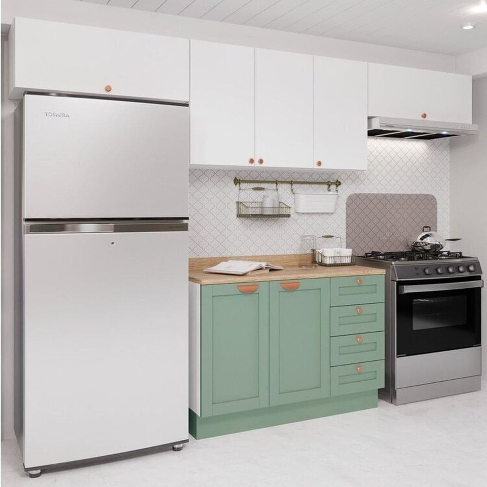 Cozinha Modulada 4 Peças 3 Aéreos 1 Balcão Arizona Cabecasa Madeiramadeira Branco/Menta