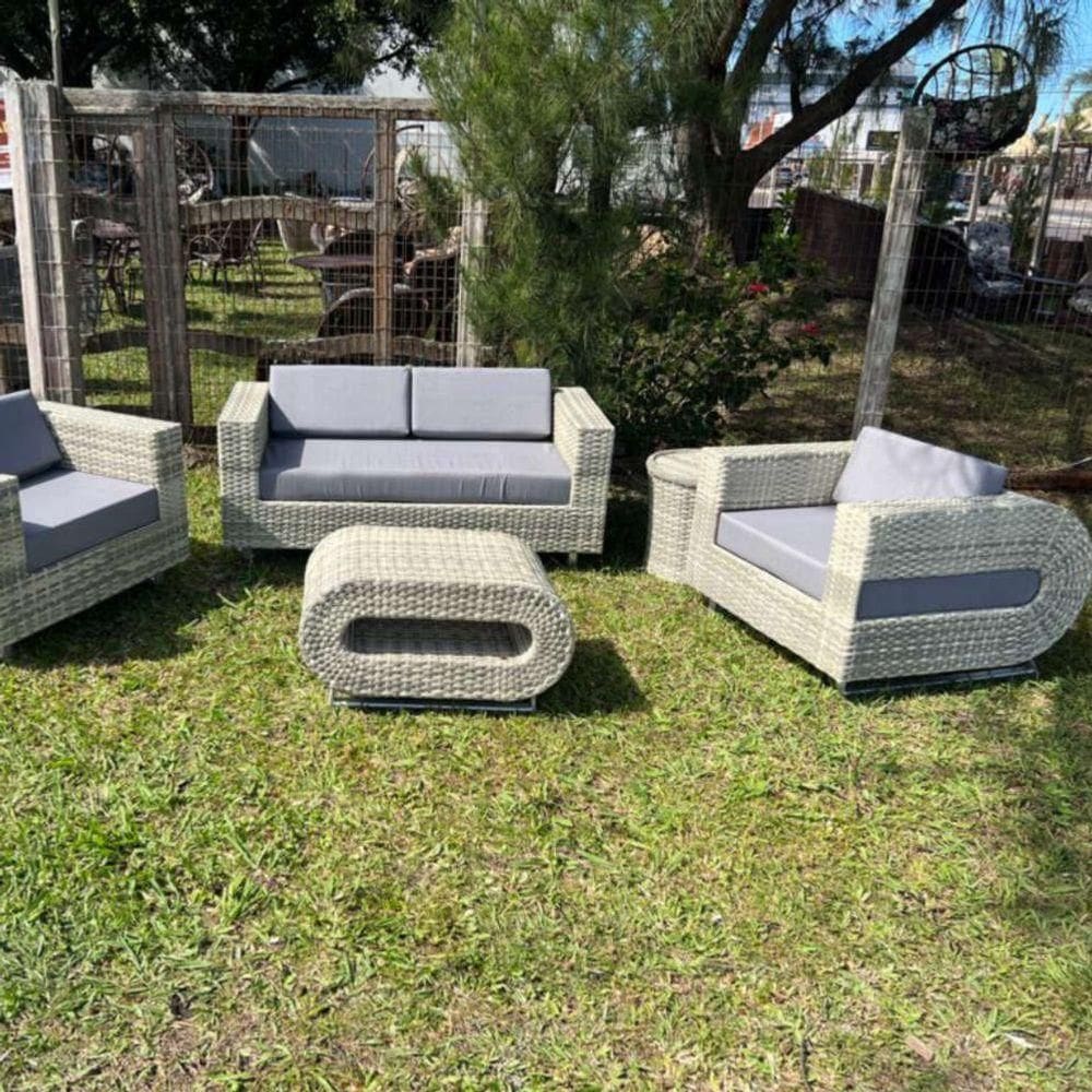 Conjunto De Sofá Quadrado Vazado Em Corda Náutica Taipa 1 Sofá 2l + 2 Poltronas + 1 Mesa Grafite