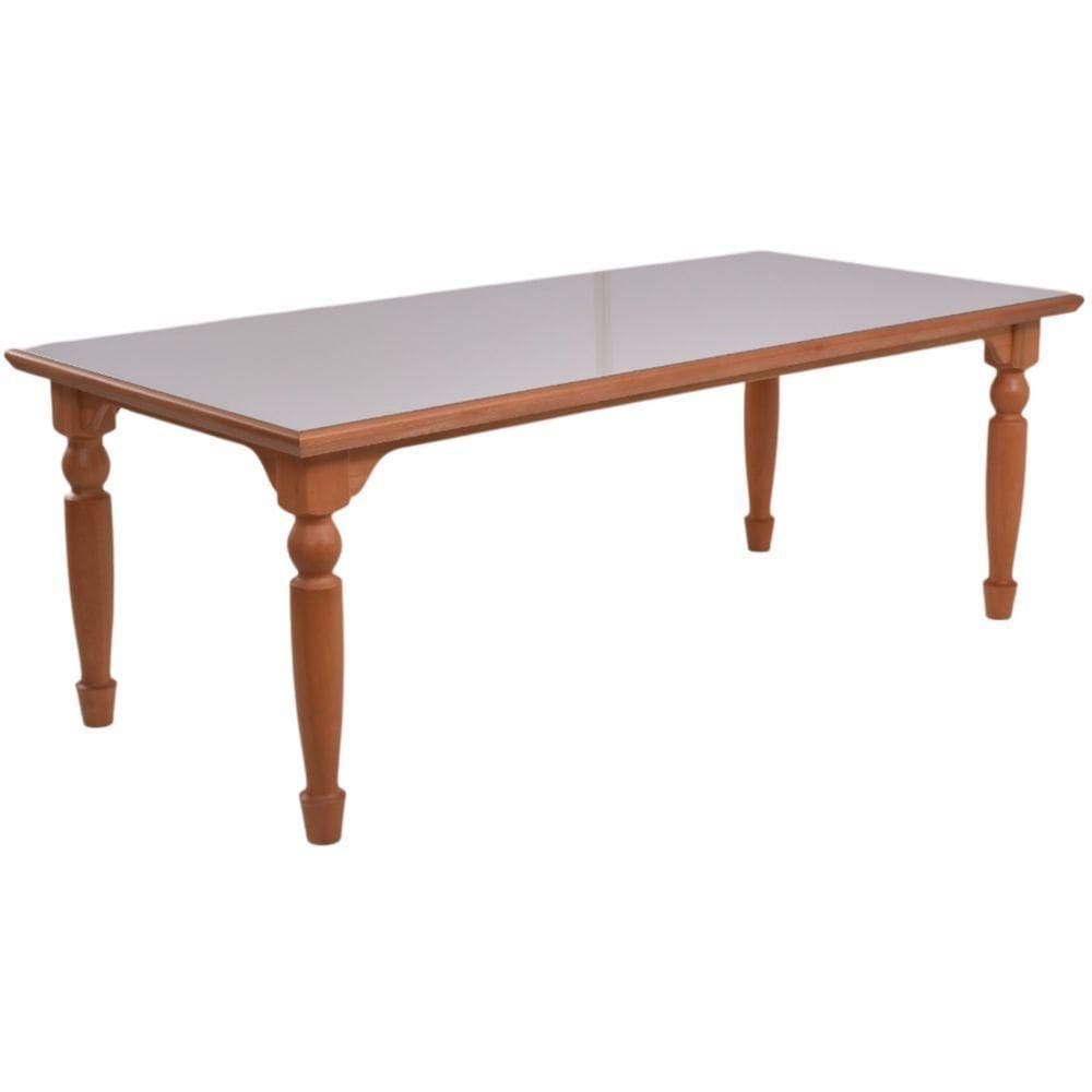 Mesa Atlanta 180x100 Em Madeira Maciça Amendoa Com Tampo De Vidro Off White Amêndoa