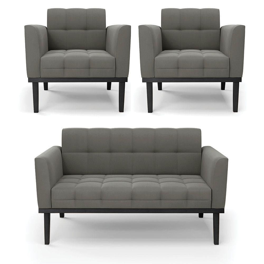 Sofá Namoradeira E 2 Poltronas Base De Madeira Preto Elisa Suede Grafite D03 - D`rossi