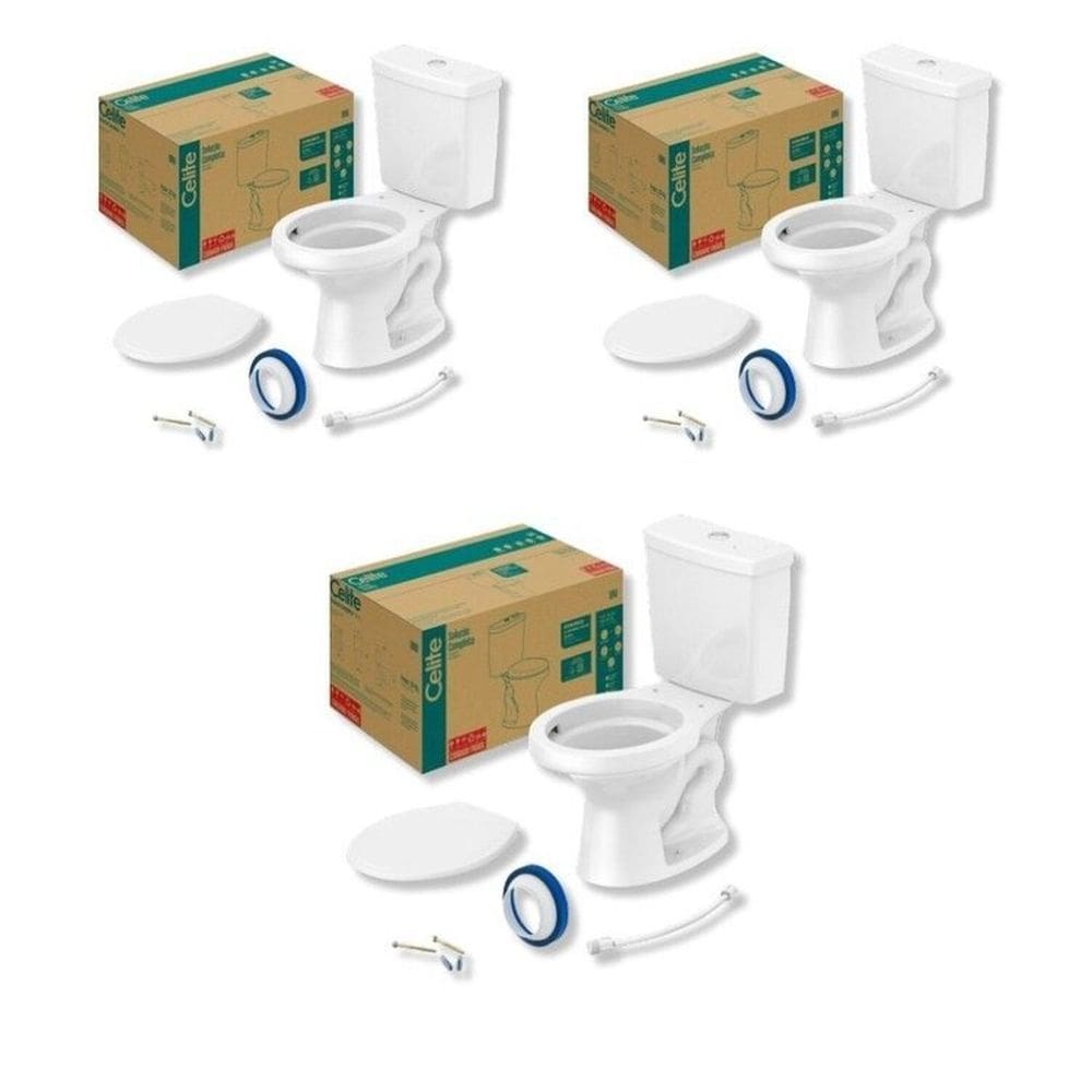 Kit 3 Vaso Sanitário com Caixa Acoplada 6l Uni Celite Branco