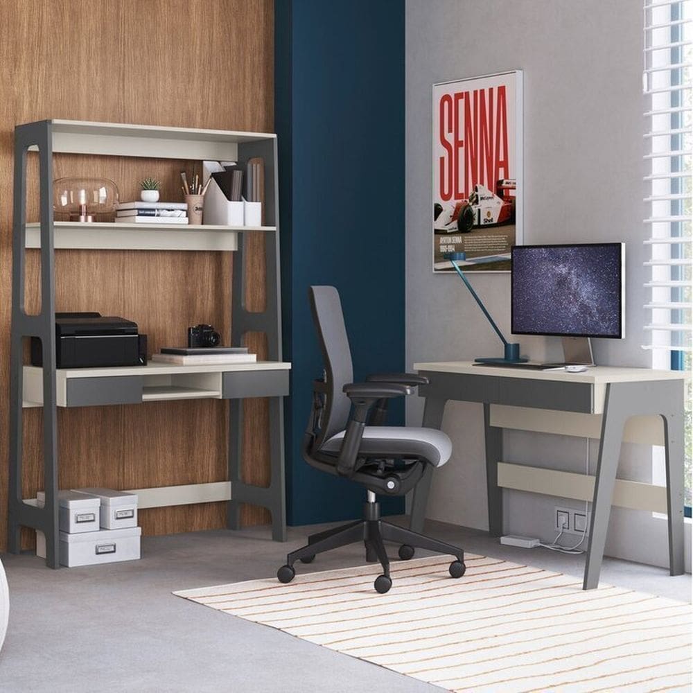 Conjunto Escritório Home Office Primazzia 02 Peças Escrivaninhas com Estante Grafite/Off White