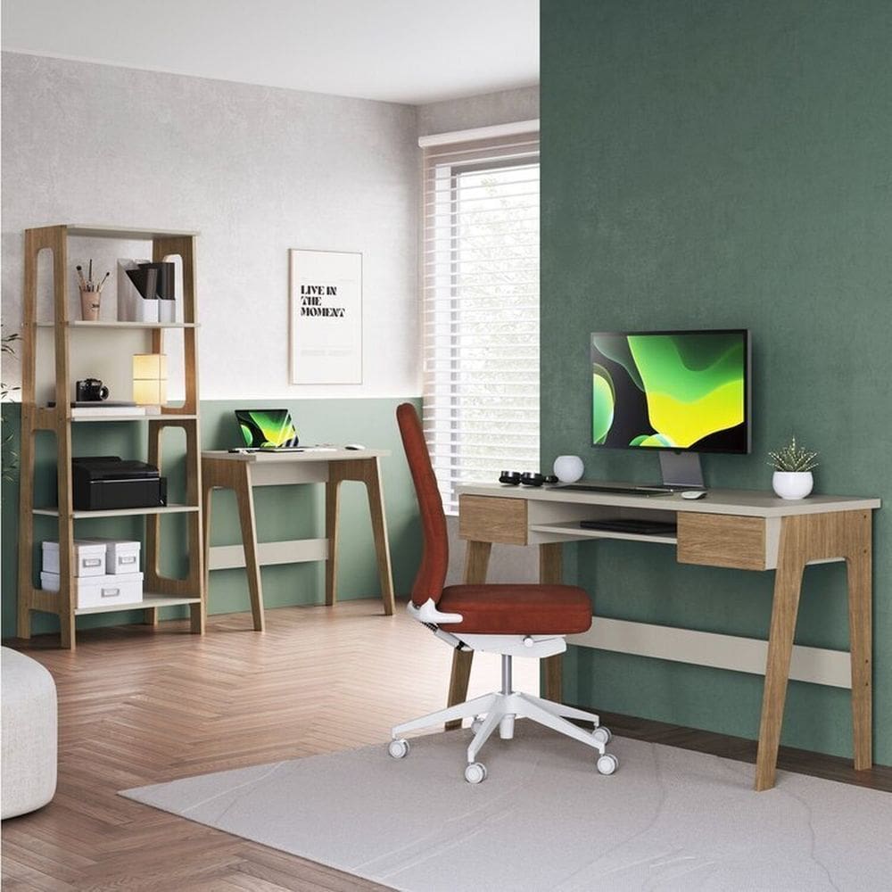 Conjunto Escritório Home Office Primazzia 03 Peças Escrivaninhas com Estante Carvalho Mel/Off White
