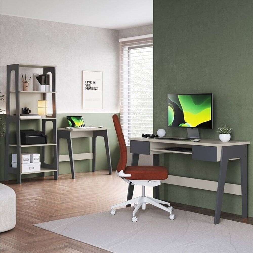 Conjunto Escritório Home Office Primazzia 03 Peças Escrivaninhas com Estante Grafite/Off White