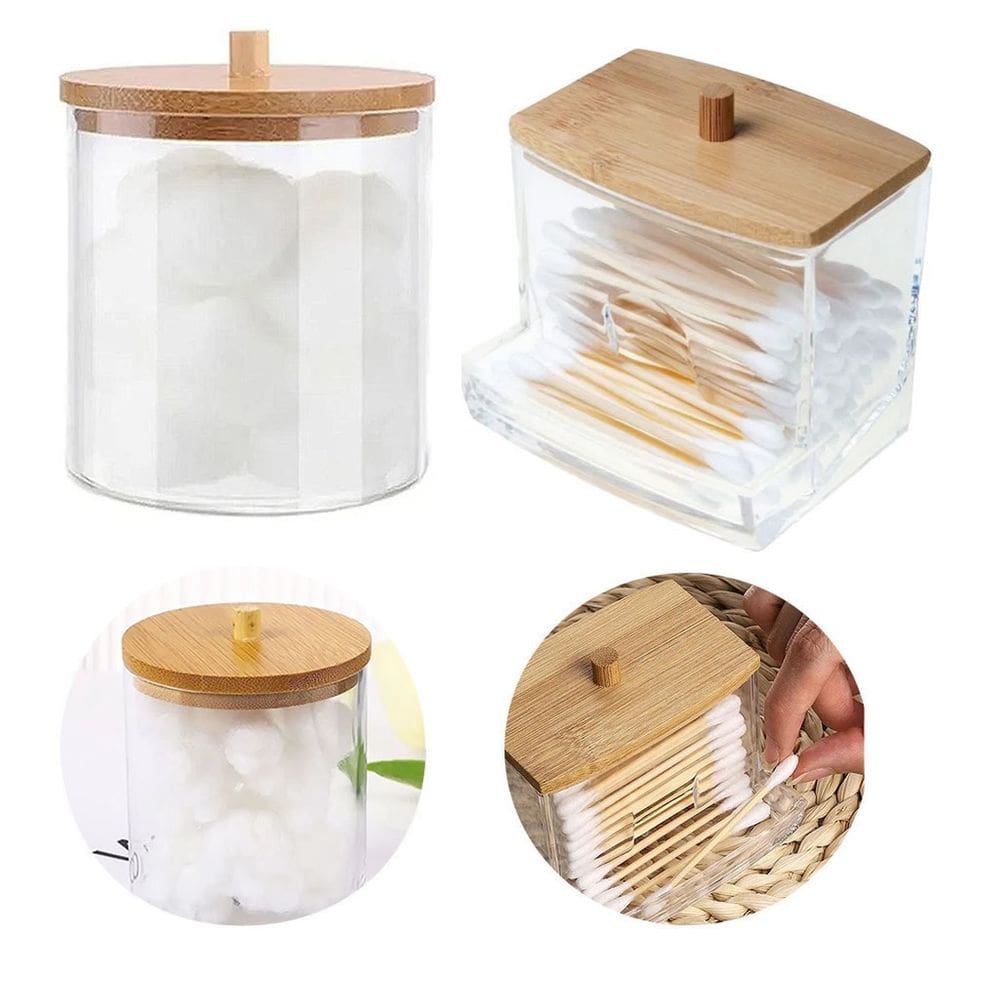 Kit Organizador Porta Algodão e Porta Cotonete Acrilico Tampa de Bambu