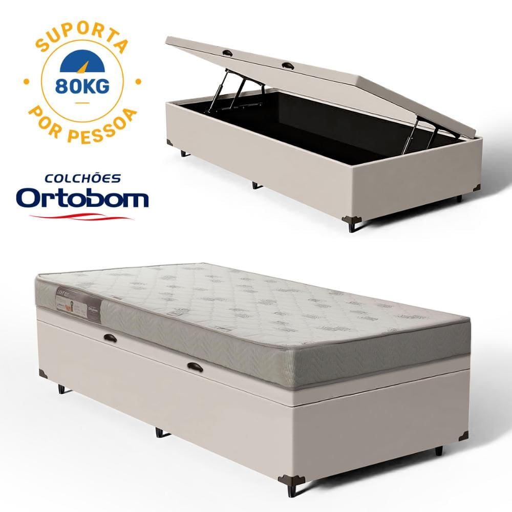 Cama Box Baú com Colchão De Espuma Ortobom Light Liso Solteiro 88cm