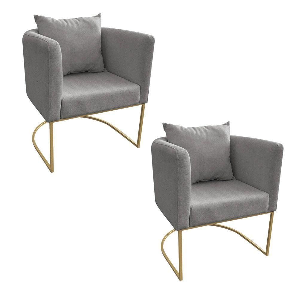 Kit 02 Poltronas Paola Linho Grafite A26 Dourado