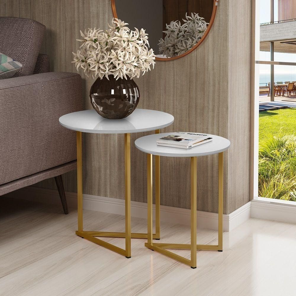 Conjunto De Mesa Lateral Jade Sala Estar Pé De Aço Dourado