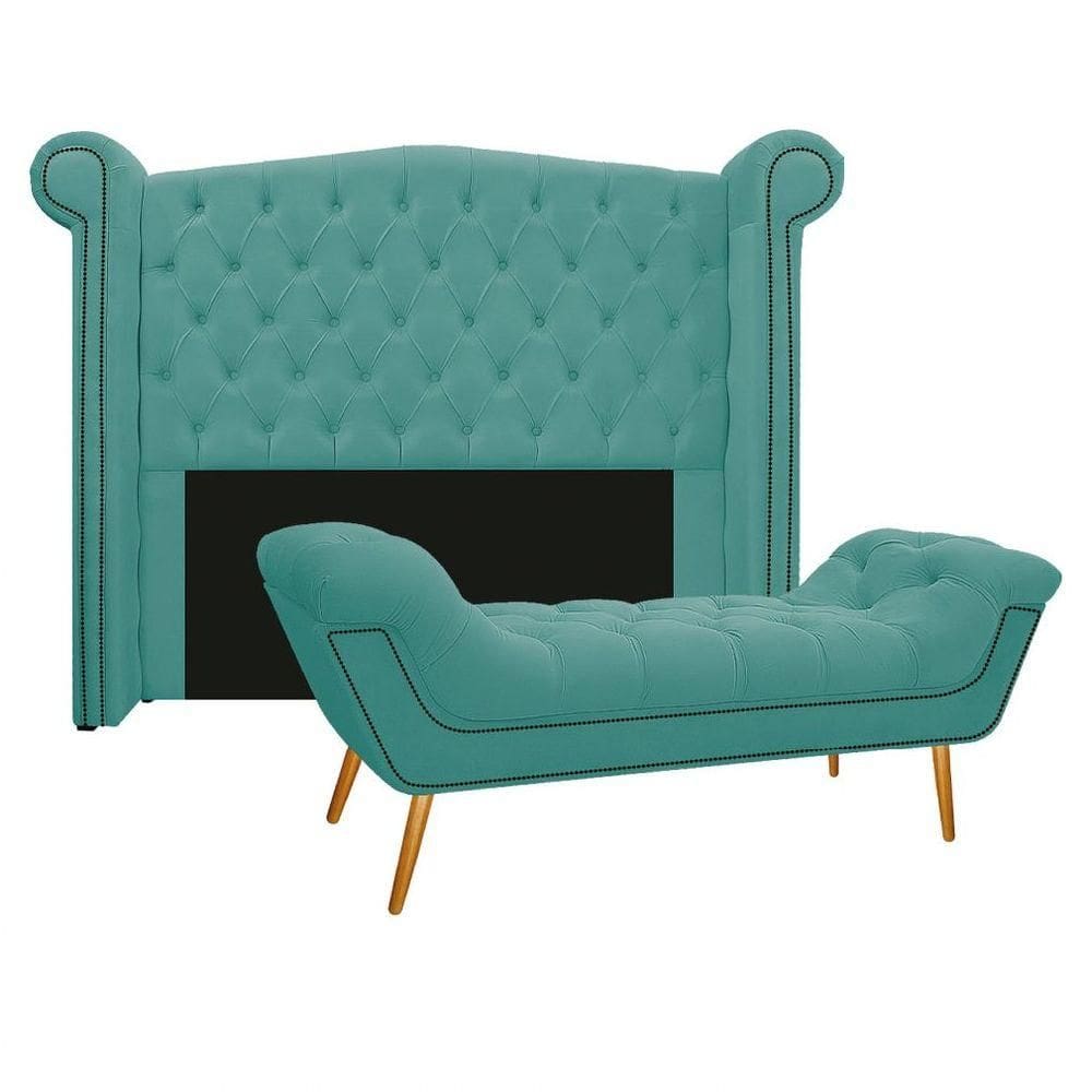 Cabeceira e Calçadeira Veneza 160cm Queen Size Azul Tiffany