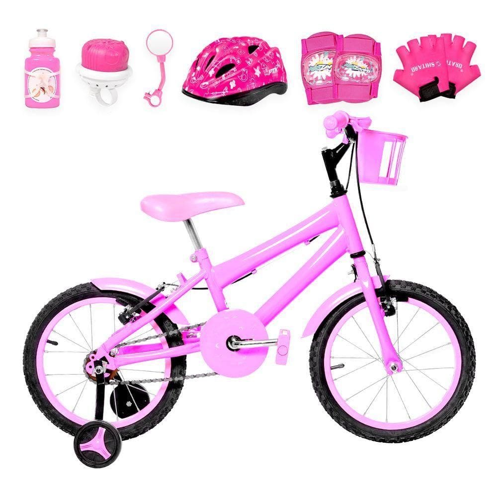 Bicicleta Infantil Aro 16 Alumínio Kit Proteção Rosa
