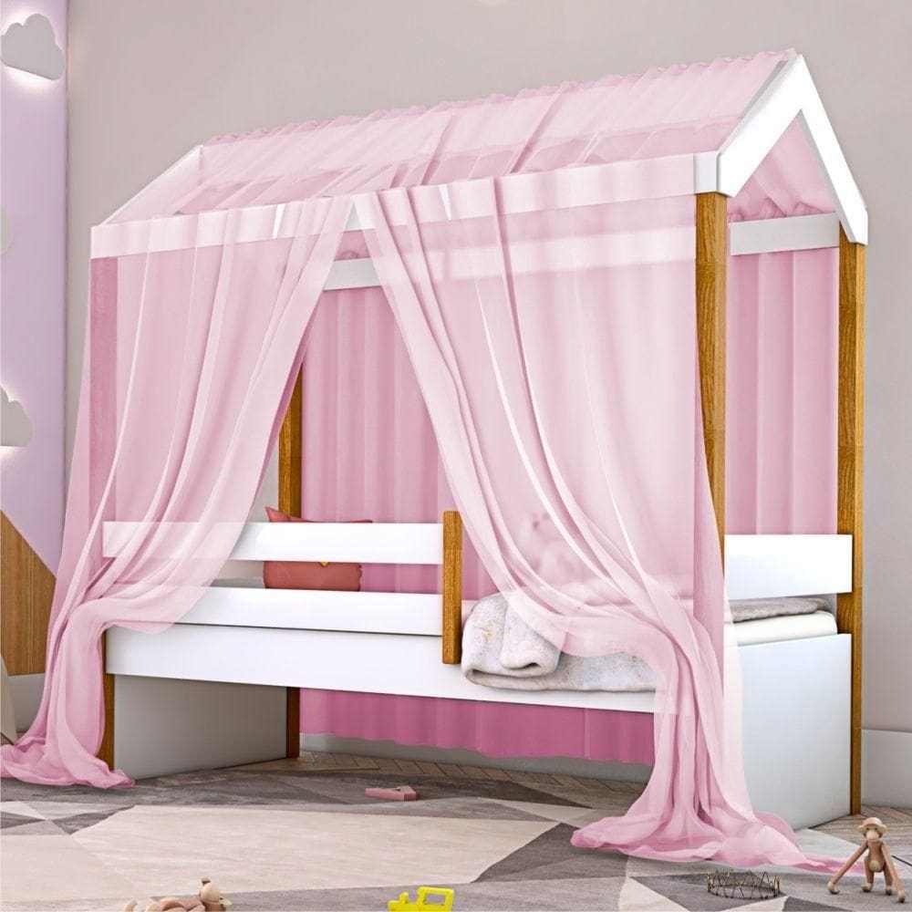 Cama Montessori Exclusiv Solteiro Com Colchão E Voal Rosa