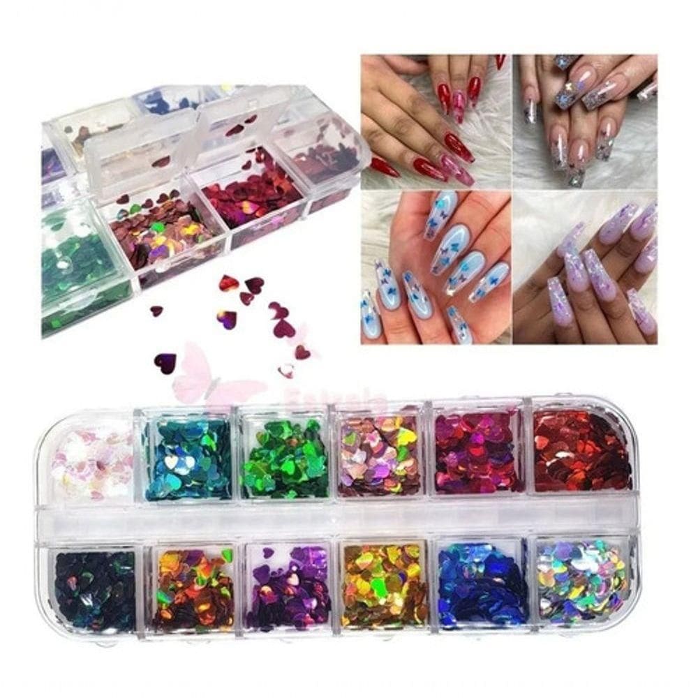 Kit Glitter Coração Unhas Holográfica Forma 3D Brilhante