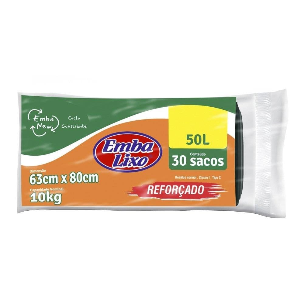 Saco de Lixo Embalixo Embanew Rolo Reforçado Preto 50 Litros - Embalagem com 30 Unidades