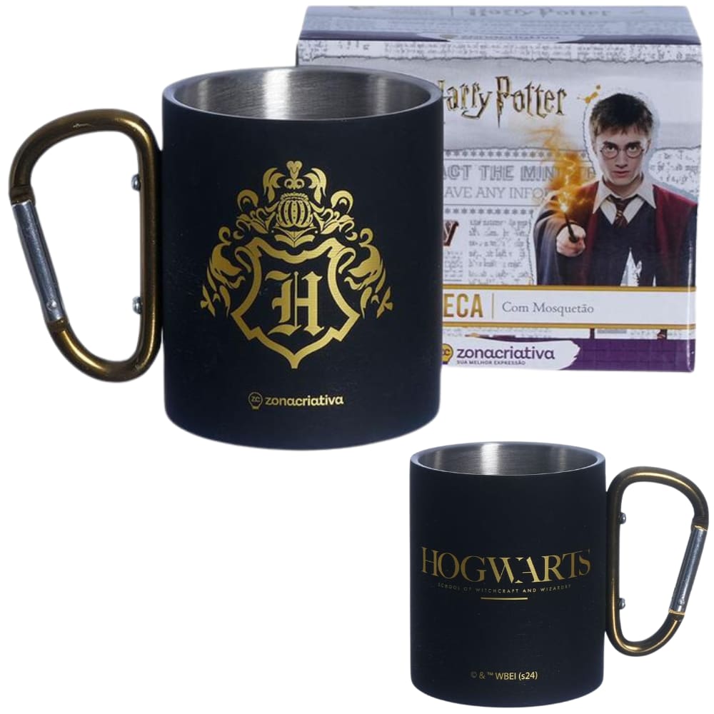 Caneca Hogwarts Aço Inox Preta E Dourada Com Mosquetão Oficial Harry Potter