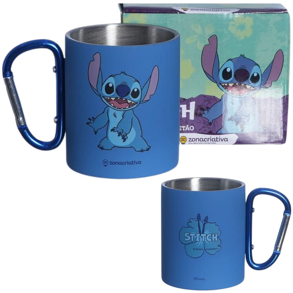 Caneca Stitch Aço Inox Azul Com Mosquetão Oficial Disney