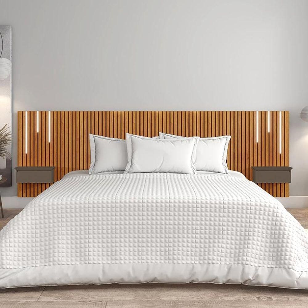 Cabeceira King Paris Ripado Quarto 2 Mesas Com Gaveta E Led Naturale/platinum Naturale/platinum