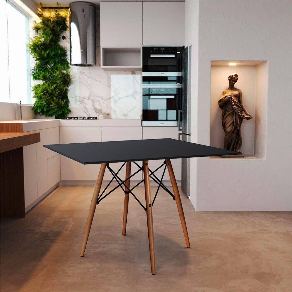 Mesa De Jantar Quadrada Eames Eiffel 90cm Preta Base Madeira - Cor: Preto