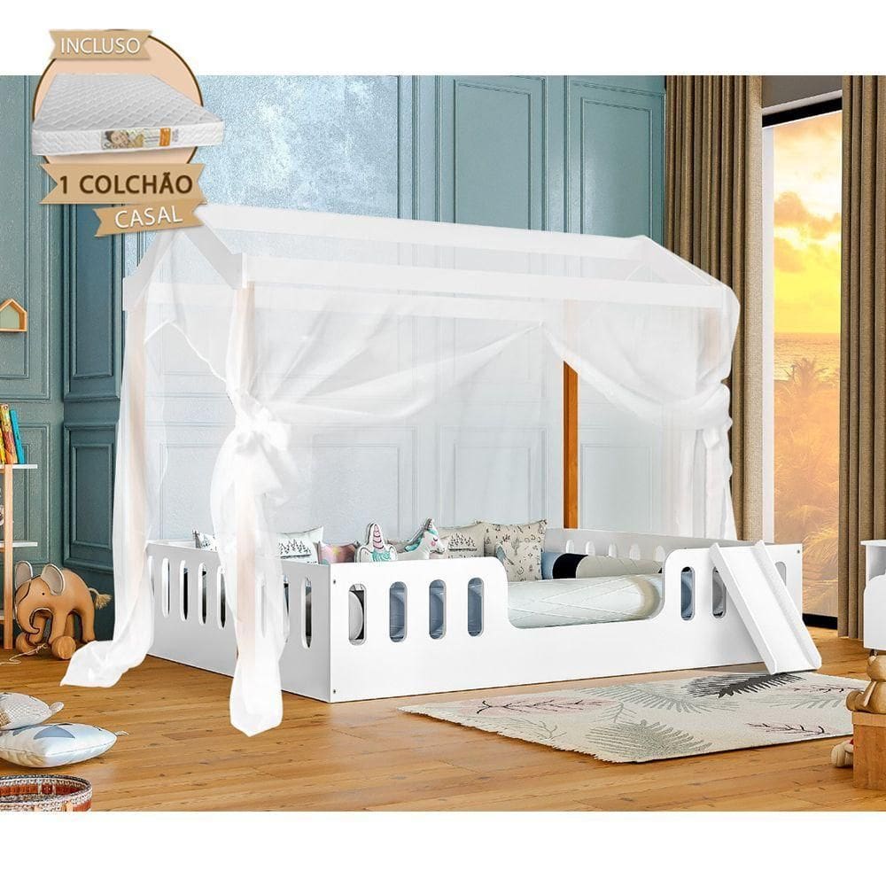 Cama Infantil Com Colchão Casal ágatha Branca/amêndoa Com Escorregador E Voal Branco Divaloto Branco
