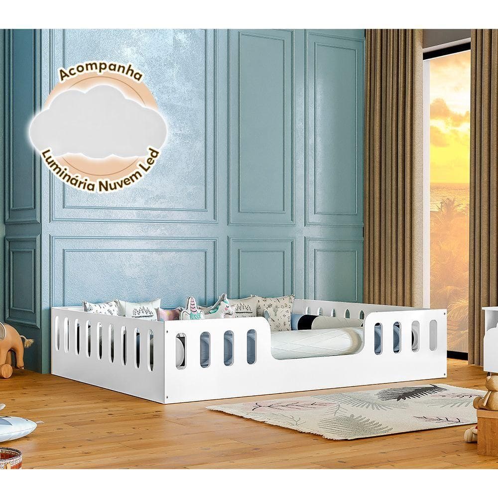 Cama Casal Branca Helo Com Cercado Acompanha Luminária Led Branco