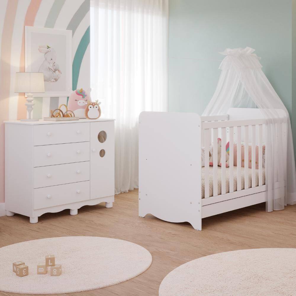 Quarto de Bebê Completo Berço Americano Ben 3 em 1 Cômoda 1 Porta 3 Gavetas 100% MDF Bolinha