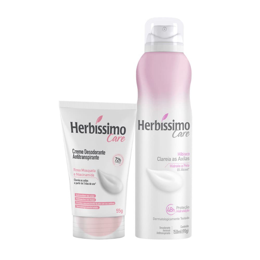 Kit Creme Desodorante Antitranspirante Rosa Mosqueta e Niacinamida 55g + Desodorante Aerossol Antitranspirante Herbíssimo Care Hibisco