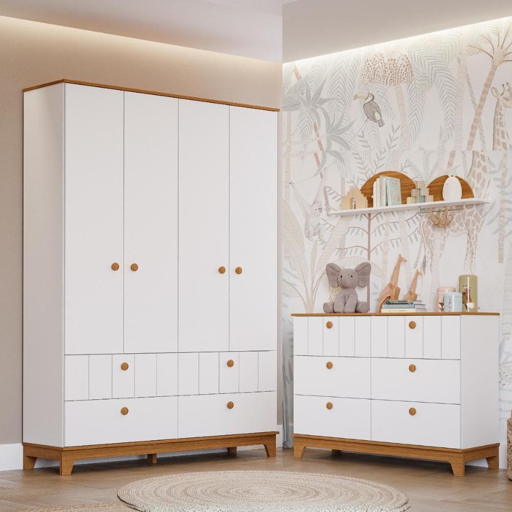 Quarto Bebê Completo Cômoda 6 Gavetas Guarda Roupas 4 Portas 100% MDF