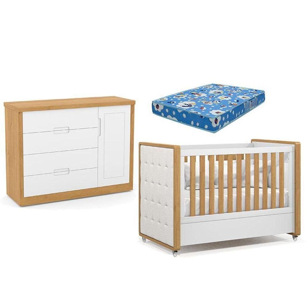 Berço Americano Capitonê New Boucle E Cômoda Infantil Tutto New Freijó Branco Acetinado E Colchão