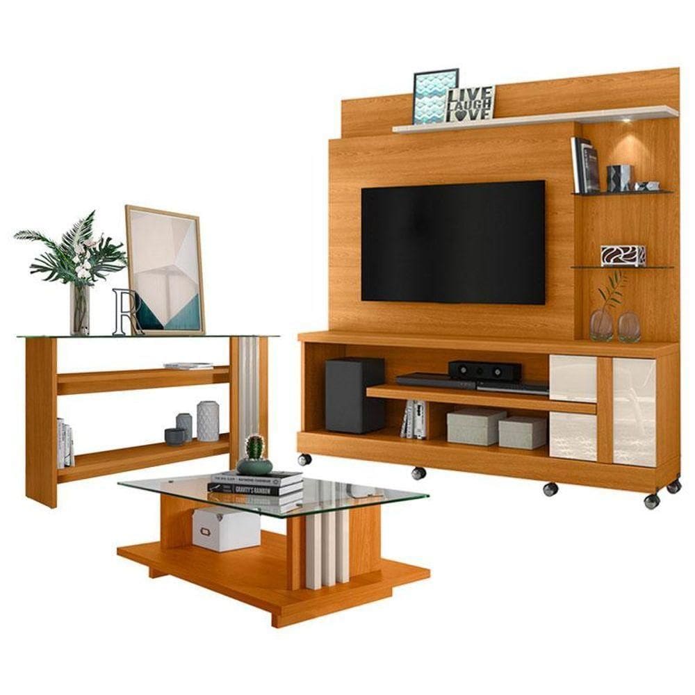 Estante Home Theater Alan Com Rodízios E Aparador Com Mesa De Centro Frizz Cinamomo Off White