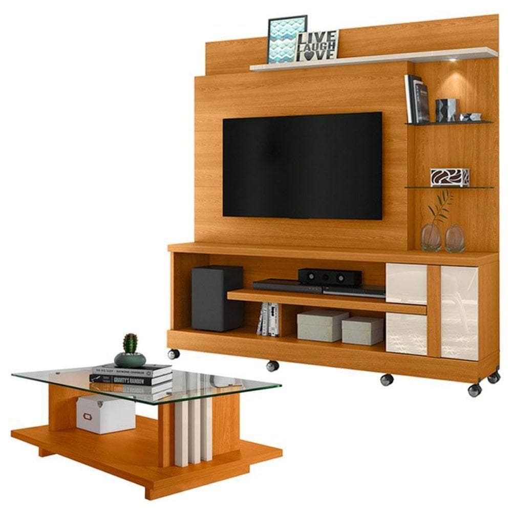 Estante Home Theater Alan Com Rodízios E Mesa De Centro Frizz Cinamomo Off White