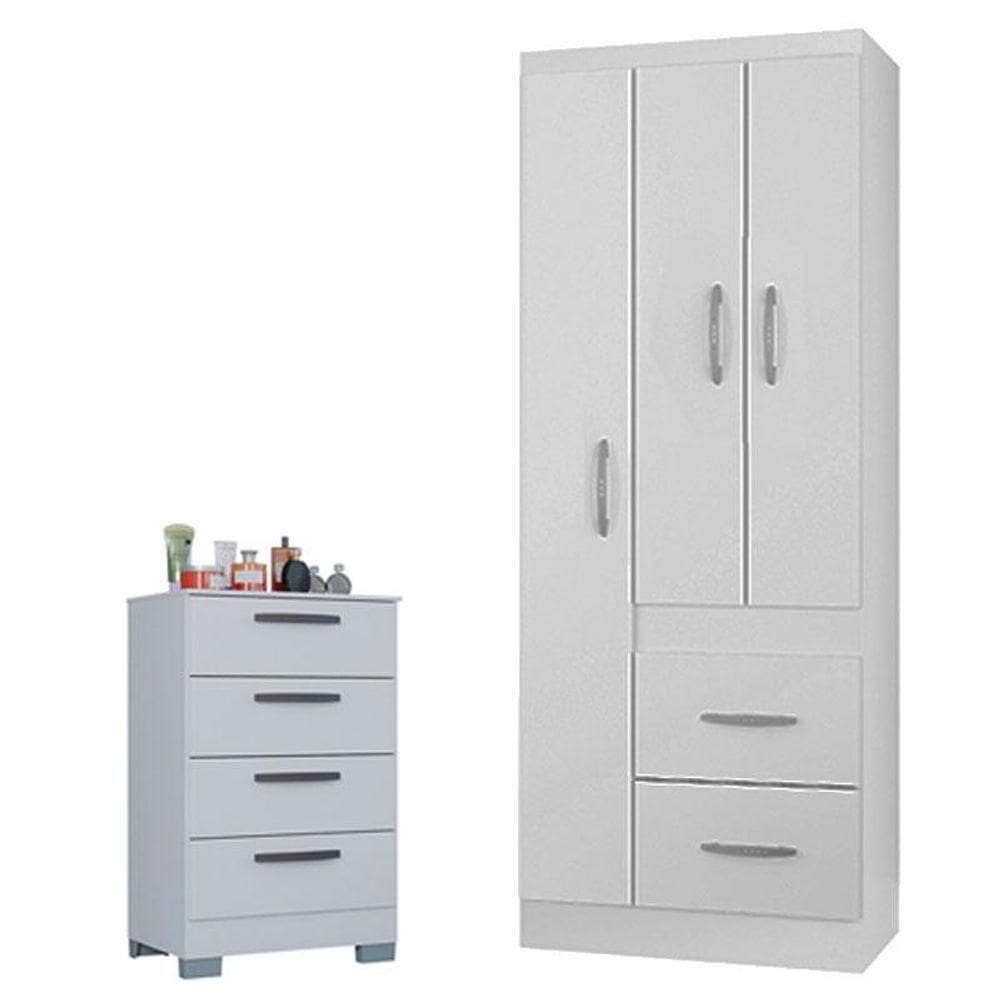 Cômoda 867 4 Gavetas Com Guarda Roupa Solteiro Milão 3 Portas Branco Brilho - Poquema