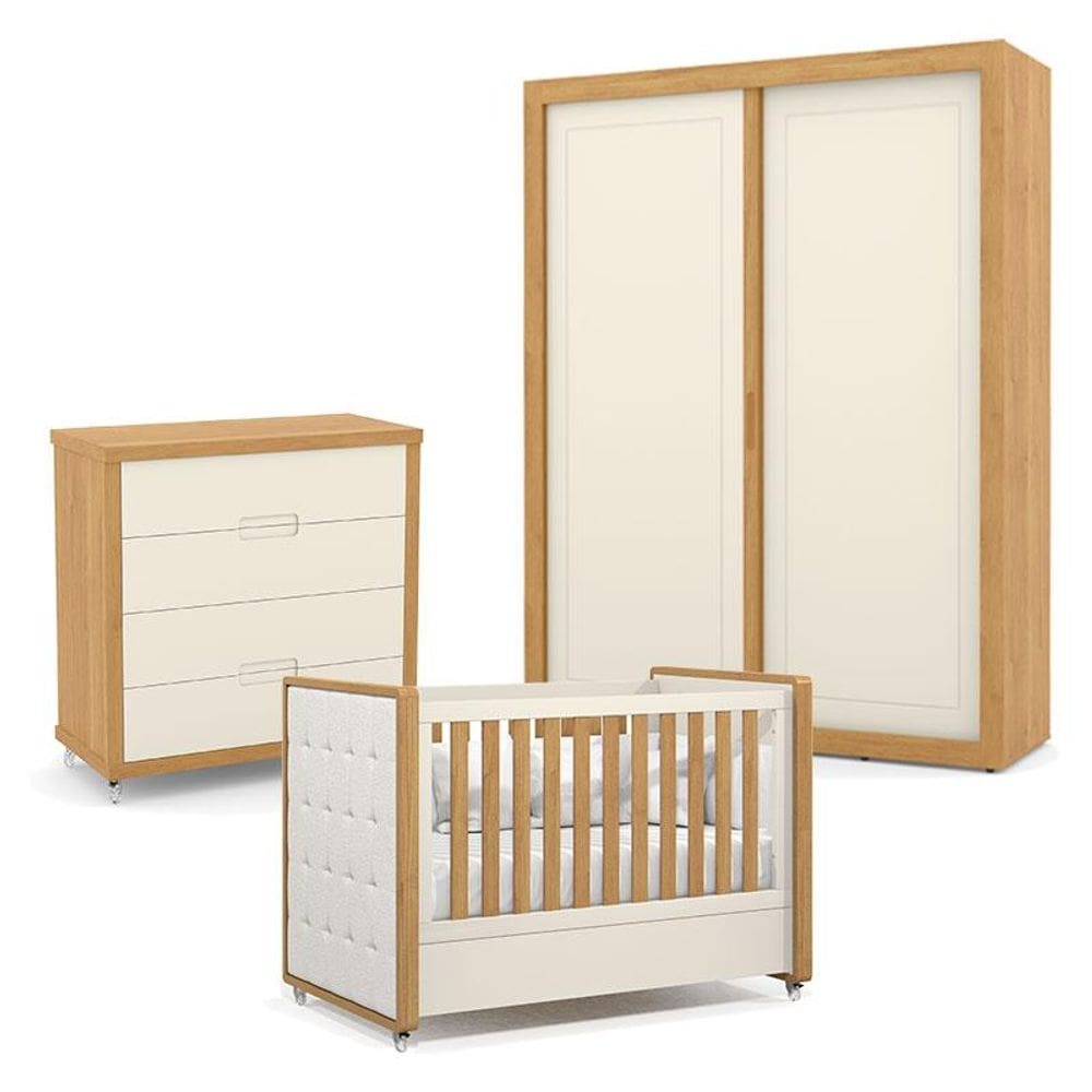 Quarto de Bebe 2 Portas Tutto New com Capitonê New Boucle e Gaveteiro Freijó Off White - Matic