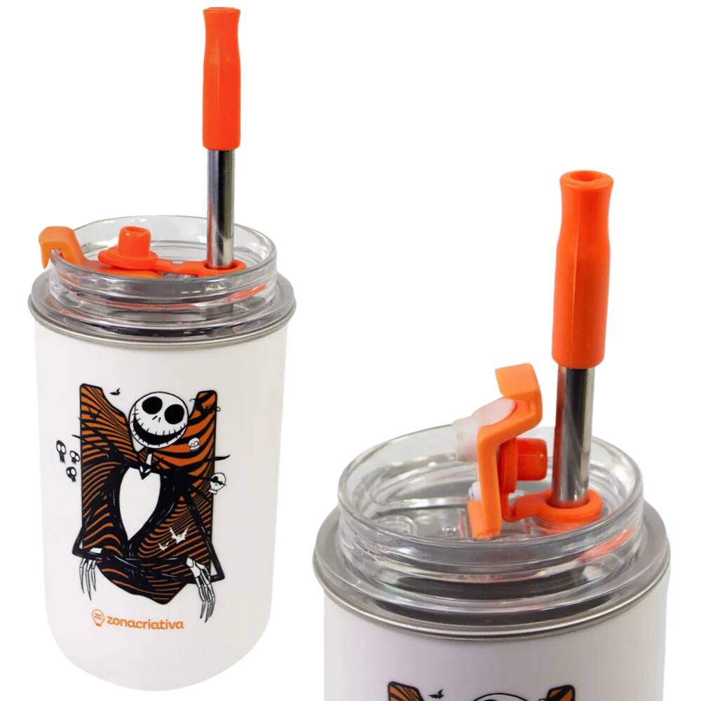 Copo Jack Skellington Térmico Quente Gelado 300ml Com Tampa E Canudo Oficial Disney