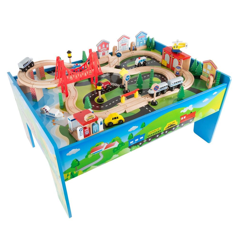 Mesa de conjunto de trem de madeira Hey! Jogue! Deluxe para crianças pintadas à mão
