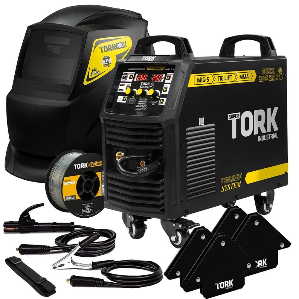 Inversor De Solda Mig Sinérgico Tig Mma 250a Touch 250s-Max + Mascara de Solda + Esquadro Magnético + Arame Flux