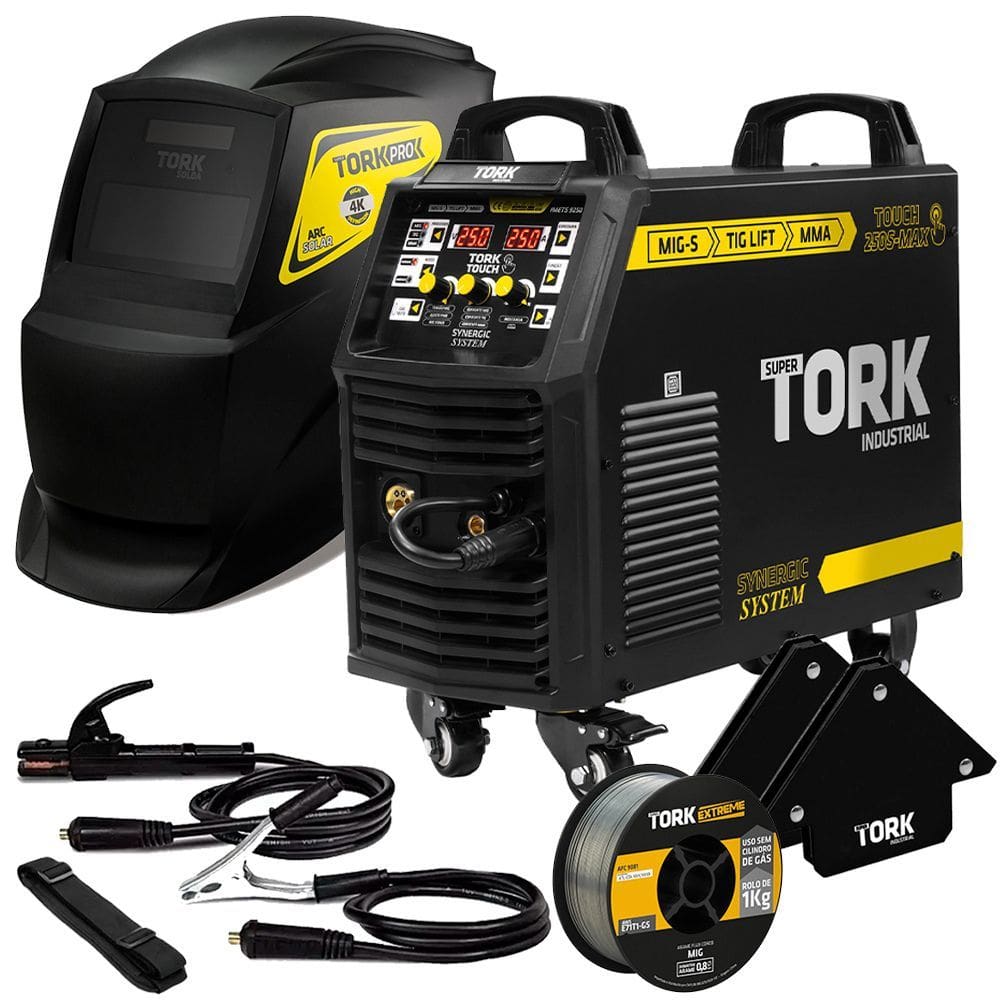 Inversor De Solda Mig Sinérgico Tig Mma 250A Touch 250S-Max + Máscara De Solda + 2 Esquadro Magnético 12 Kg + Arame Solda 0,8Mm Mig/Flux 1Kg Sem Gas