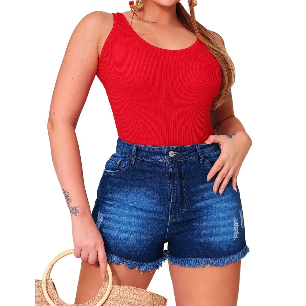 Shorts Jeans Feminino Curto Rasgado Cós Alto Patria Brasil