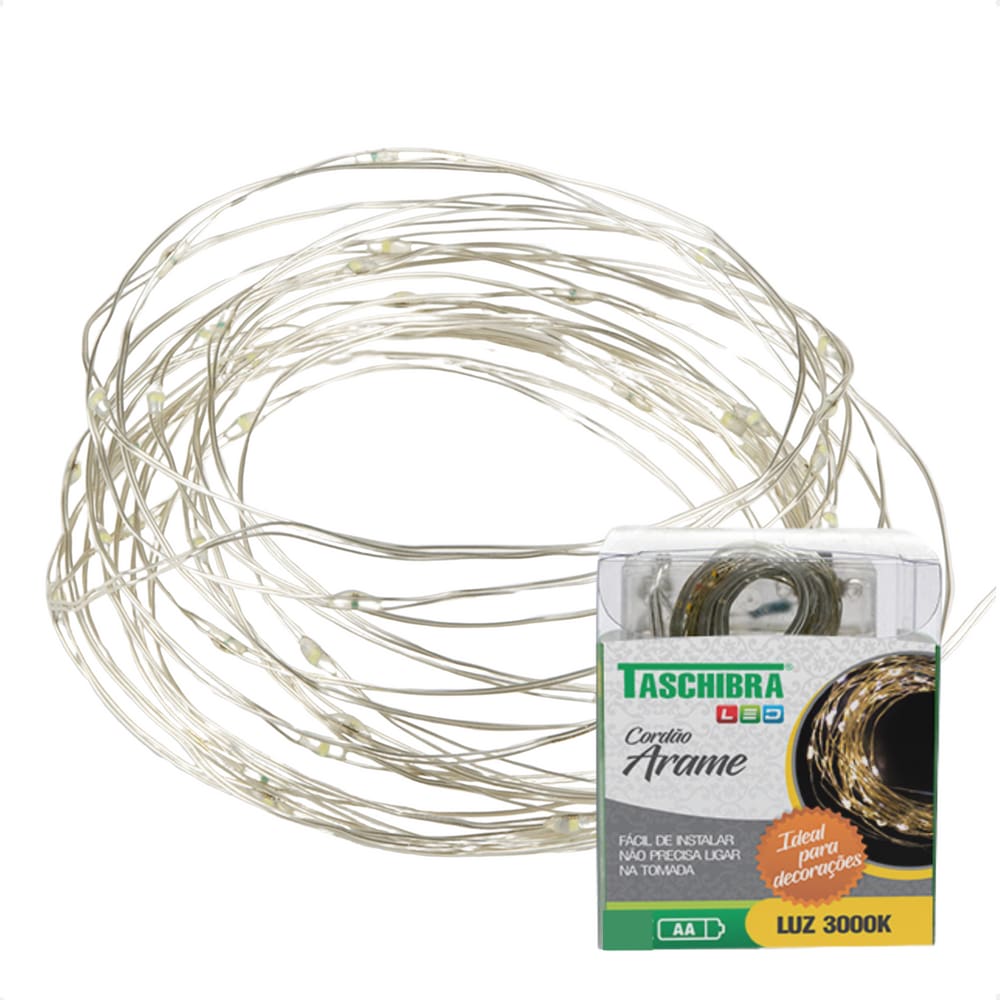 Fio de Luz Fada Cordão De Led 5m 50 Leds a Pilha Taschibra 3000K Luz Quente