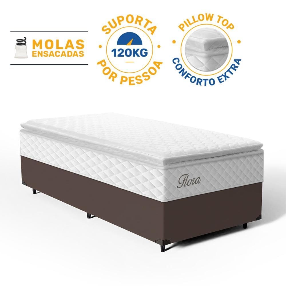 Cama Box com Colchão de Molas Ensacadas Pillow Top Flora Solteiro 88cm