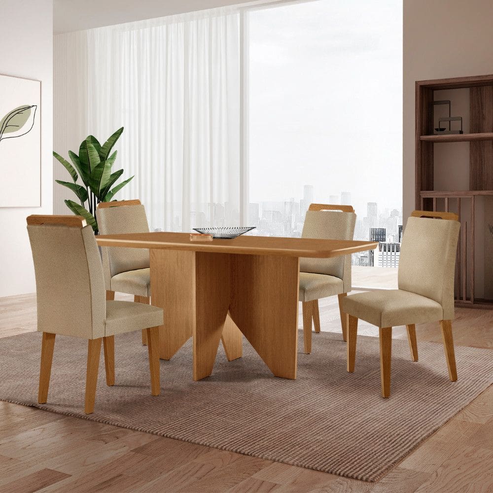 Mesa de Jantar Evora 120cm MDF Canto copo e com 4 Cadeiras Athenas