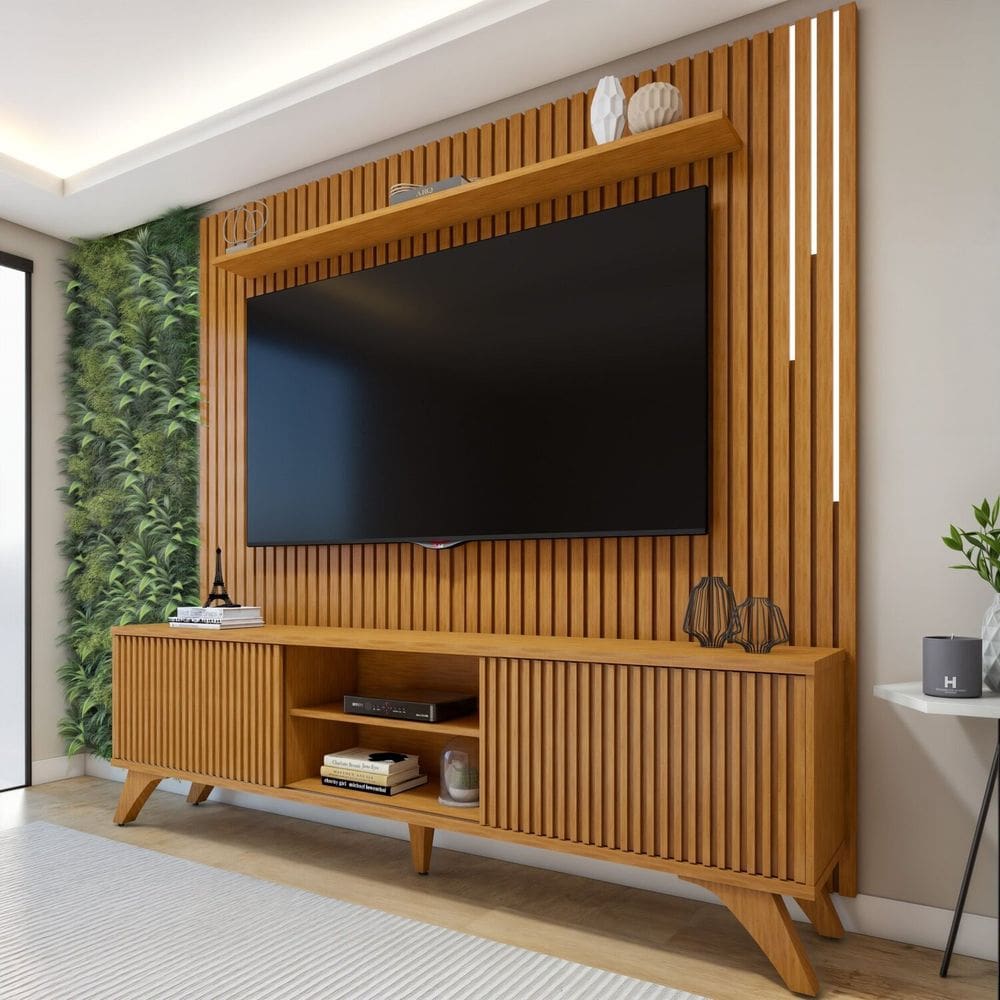 Conjunto Rack Gaia 218cm com Painel Ripado com Led para Tv de até 75 Polegadas com Led Paris Naturalle